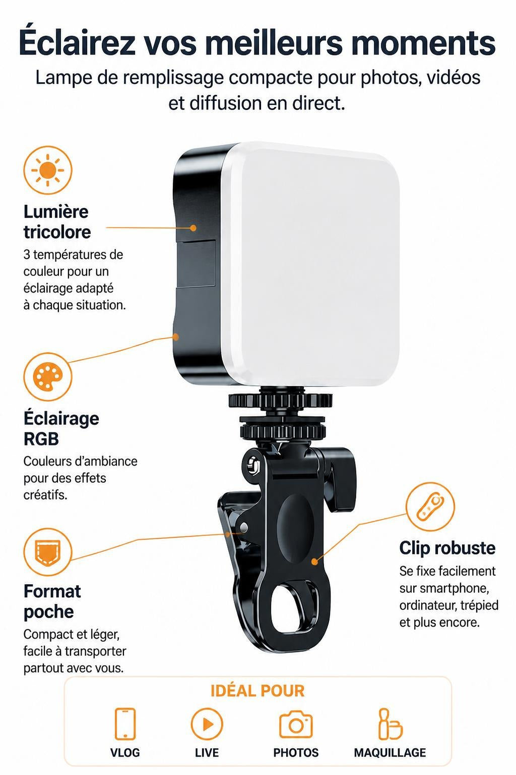 Lampe de remplissage pour téléphone portable, éclairage portable, photographie RGB, poche, diffusion en direct